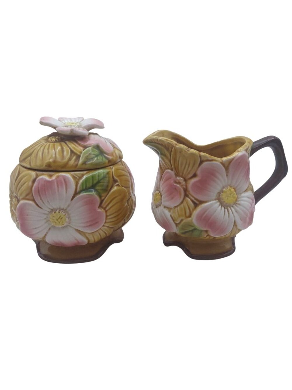 Dogwood Creamer Sugar Bowl w/ Lid Set Majolica Ceramic Floral Japan Vintage MCM